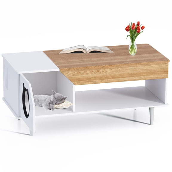 Accreate IDEALHOUE Hidden Cat Litter Box Enclosure Coffee Table, 2-Tier Modern Furniture with Open Storage Shelf, Dual-Purpose Cat House Coffee Table for Living Room