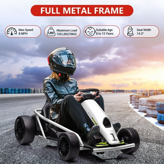 Accreate Kids 24V Racing Go Kart with Dual 300W Motors, 8.1 MPH, Heavy Duty PE & Iron Frame, Music, Safety Belt, Drifting Tires, for Ages 8-14, 175 lbs Max