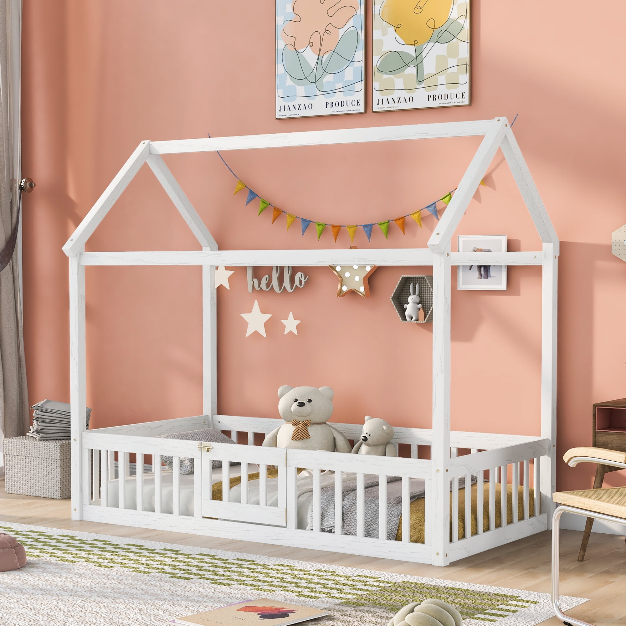 Accreate Kids House Bed Twin Size - Wood Floor Bed with Fence Roof for Boys & Girls