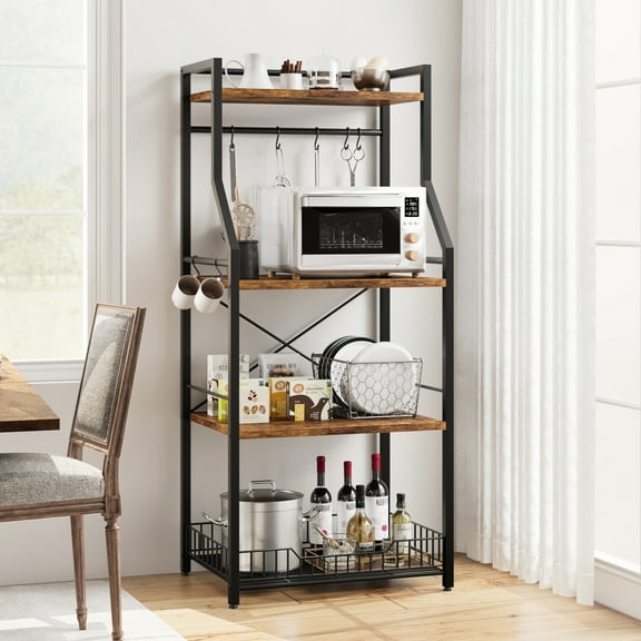 Accreate Kitchen Bakers Rack with Large Wire Basket – 4-Tier Microwave Stand & Coffee Bar Station, Rustic Brown