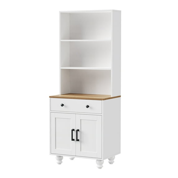 Accreate Kitchen Pantry Storage Cabinet, Farmhouse Kitchen Hutch Cabinet with Adjustable Shelves and Drawers, Gourd-shaped Legs, 5 Tier Floor Book Shelf for Study Room