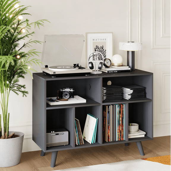 Accreate Large Record Player Stand with Power Outlet, Farmhouse Vinyl Record Storage Cabinet Holds 350 Albums, 6 Storage Cubbies for Living Room, Bedroom, Office