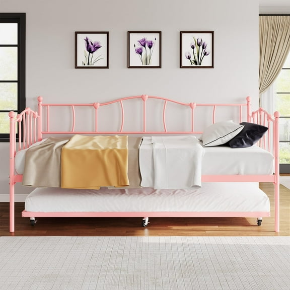 Accreate Metal Daybed with Trundle Bed, Twin Size Day Bed with Premium Metal Frame and Steel Slat Support, Daybed and Roll Out Trundle, Metal Sofa Day Bed for Living Room, Bedroom