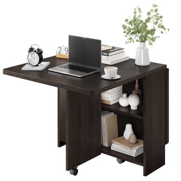 Accreate Mobile Drop Leaf Dining Table, Folding Table with 2-Tier Storage and 6 Wheels, Ideal for Small Kitchens