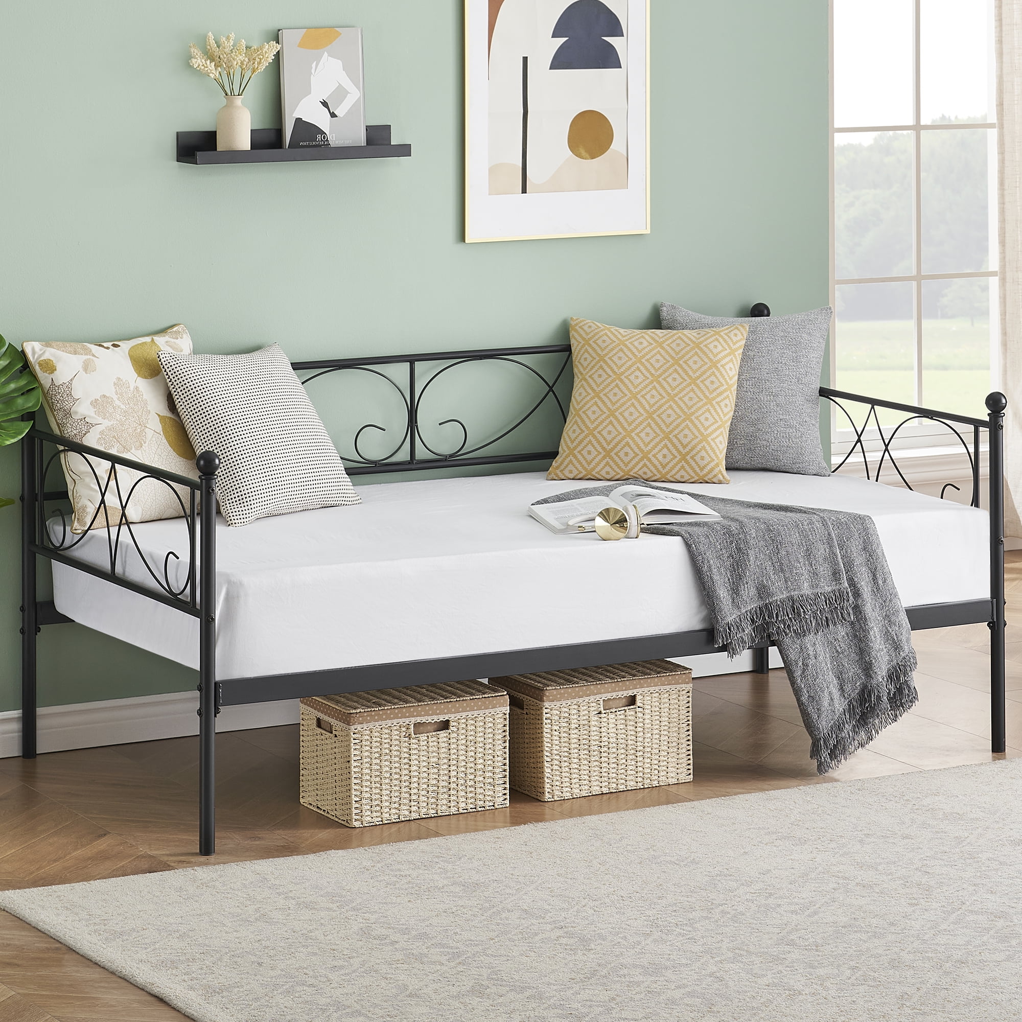 Accreate Modern Black Metal Daybed Frame with Floral Headboard