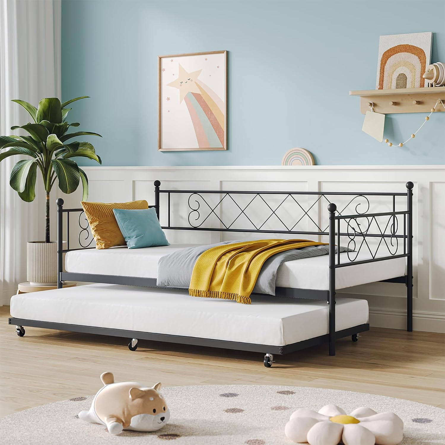 Accreate Modern Daybed with Pull-Out Trundle and Steel Slat Support