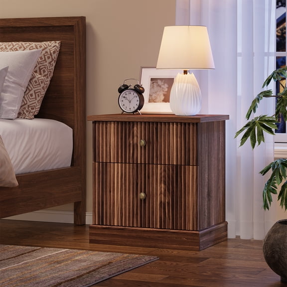 Accreate Modern Fluted Nightstand, 24" Bedside Table Small Accent Storage Cabinet with 2 Drawers, Curved Stable Base Side End Table