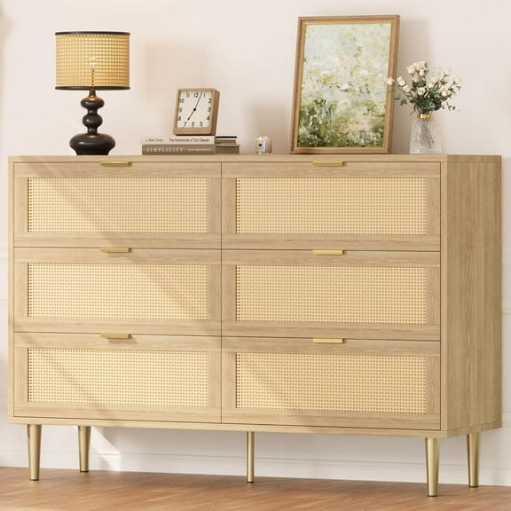 Accreate Modern Rattan 6-Drawer Dresser – Wide Double Chest of Drawers with Gold Handles & Legs, Large Tabletop, Anti-Tip Design for Bedroom or Living Room