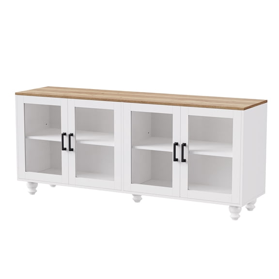 Accreate Modern TV Stand for TVs Up To 70 Inches, Farmhouse Wooden Entertainment Center Cabinet with Tempered Glass Door and Adjustable Shelves, Wood Gourd-shaped Legs