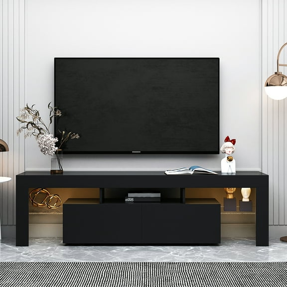 Accreate Modern TV Stand With 16-color LED Lights 63" W x 14" D x 18" H TV Console Table With 2 Drawers And Open Shelves For Up To 70-inch TV