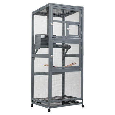 Accreate Outdoor Bird Aviary Wood Bird Cage with Universal Wheels, Large Parrot Cage with Perches, Nest House and Openable Door for Small Medium Finches
