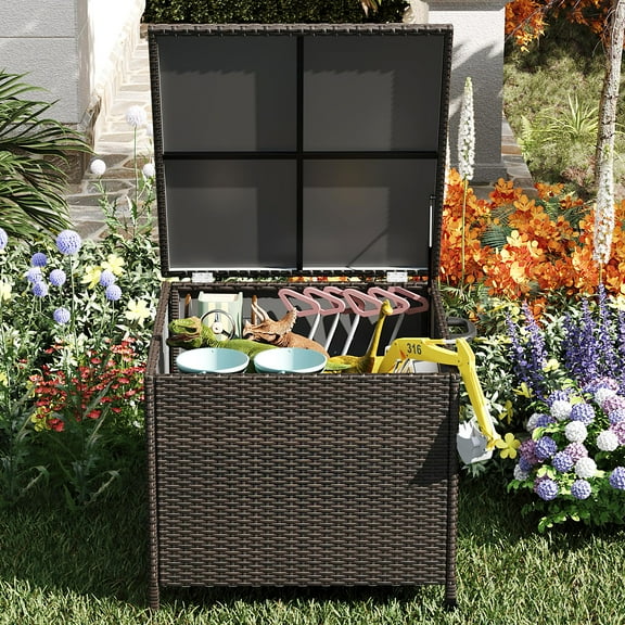 Accreate Outdoor Wicker Deck Box with Wheels & Hydraulic Lid - 80 Gallon Storage Capacity, 300LBS Weight Capacity, Waterproof Patio Furniture Organizer for Indoor, Outdoor, Pool, Balcony, Yard, Garden
