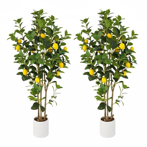 Accreate Pack of 2 Artificial Lemon Trees, 120 cm, Artificial Lemon Tree in White Pot with Realistic Leaves and 28 Fruits, Large Olive Tree Plant for Living Room, Office, Balcony