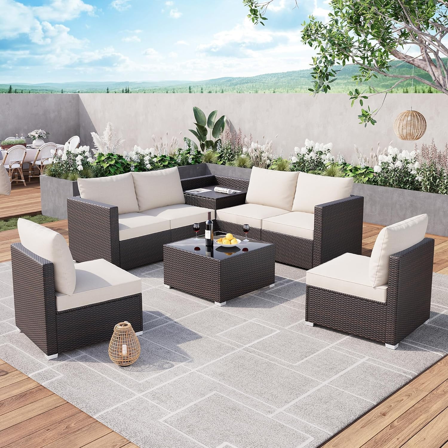 Whizmax 8-Piece Brown Wicker Rattan Outdoor Patio Set with Glass Table and Storage