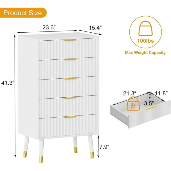 Accreate Polished Metal 5 Drawer Dresser with Metal Handles and Legs Space Saving Design for Bedroom Living Room and Hallway