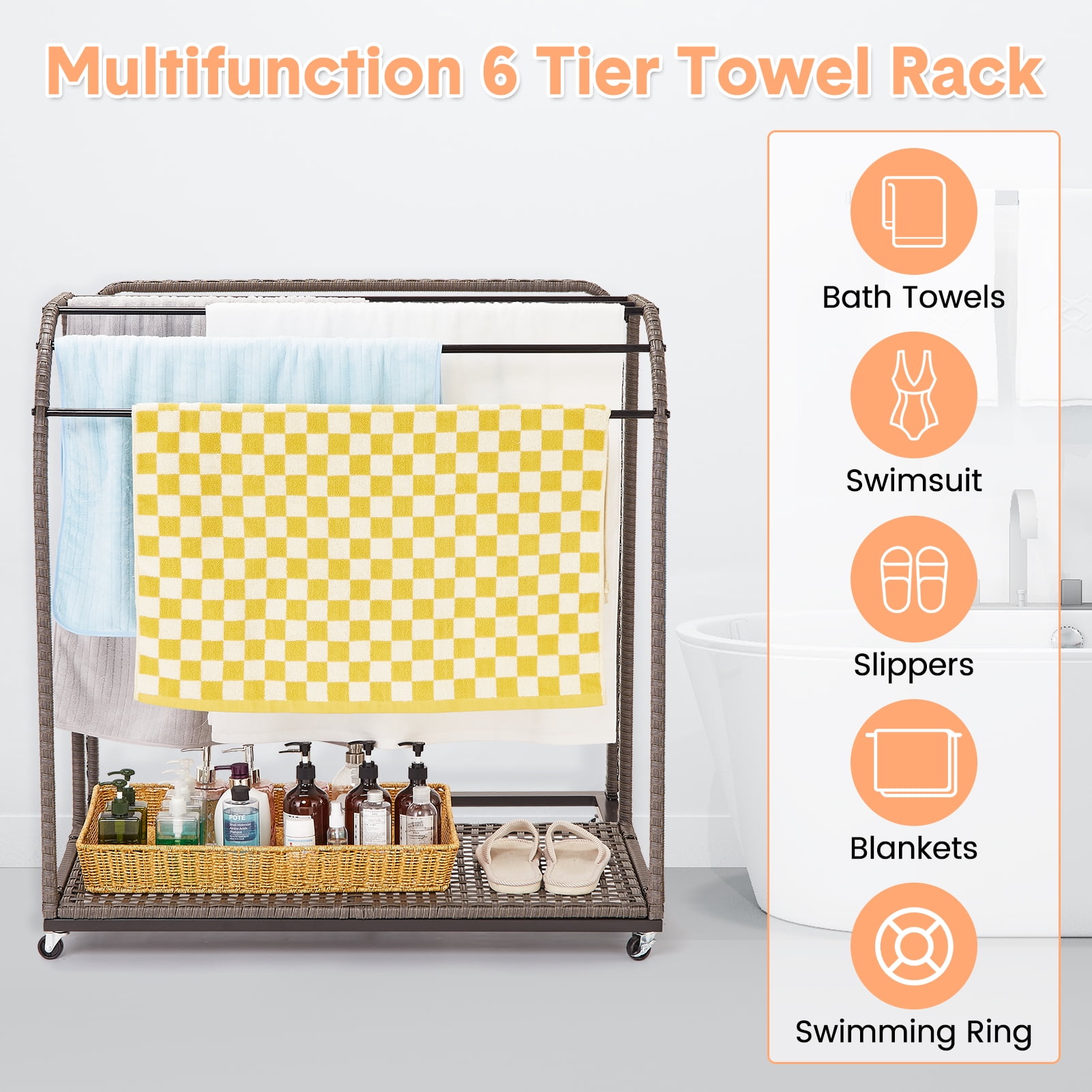 Accreate Pool Towel Rack, Outdoor Pool Storage Rack with Rattan Base ...