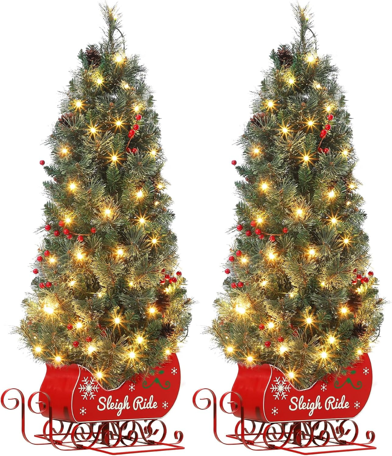 4.5FT Pre-Lit Christmas Trees with Warm White LED Lights and Sleigh Base