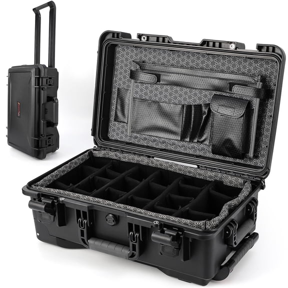 Accreate Protective Cae, Heavy Duty Waterproof Camera Case, 22”x14”x9” Dustproof & Impact Resistant Dry Box for Diving & Outdoor Photography, Includes Padded Dividers, Wheels & Document Bag