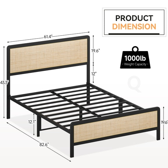Accreate Queen Metal Frame Bed with Rattan Headboard & Footboard - Platform Bed with Under-Bed Storage, No Box Spring Needed