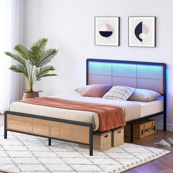 Accreate Queen Rattan Bed Frame with LED Lights - Modern Heavy Duty Metal Platform Design with Storage