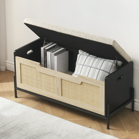 Accreate Rattan Storage Bench with Cushion - Multifunctional Shoe Bench with Safety Hinges for Home & Entryway
