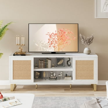 Accreate Rattan TV Stand for 65 Inch TV - Modern Entertainment Center with Marble Design, Storage Doors & Shelves