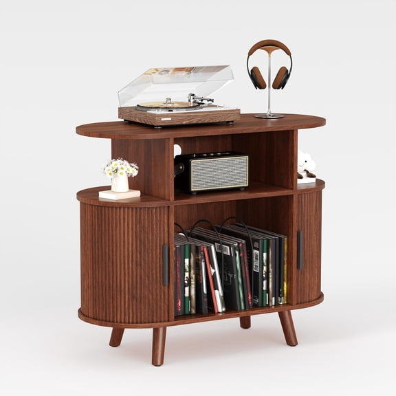 Accreate Record Player Stand with Storage and Charging Station, Large Round Vinyl Record Cabinet, Mid-Century Modern Turntable Stand with USB Ports & Power Outlets for Living Room, Bedroom