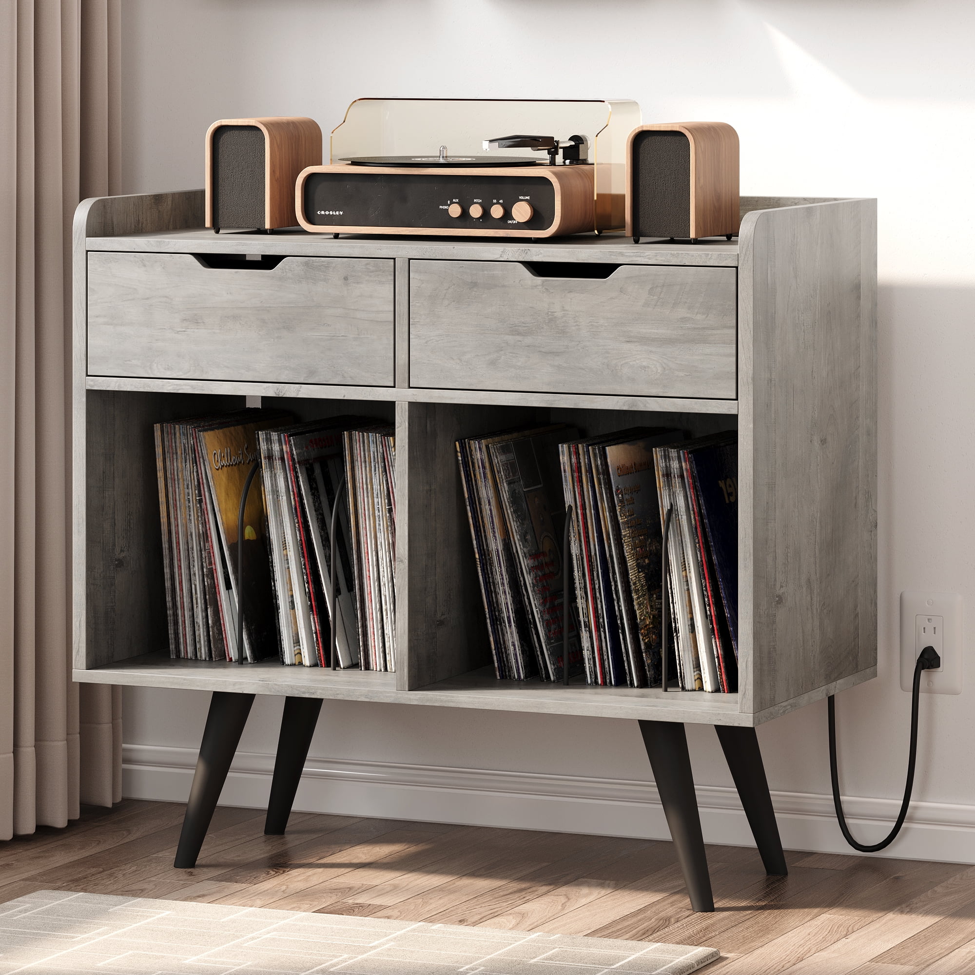 Accreate Record Player Stand with Storage Drawers Large Wooden Vinyl