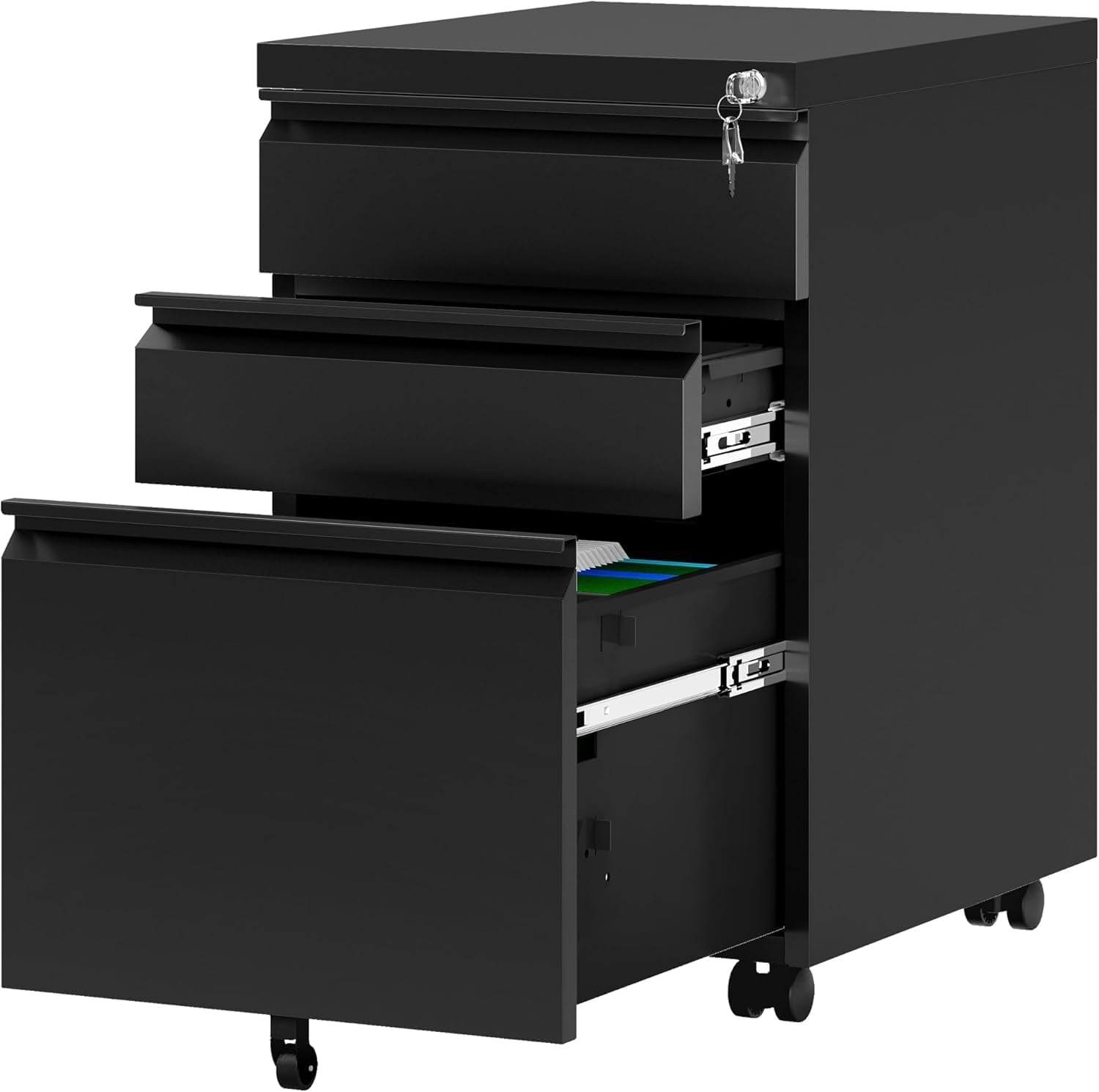 Accreate Rolling 3-Drawer Under Desk File Cabinet - Lockable Metal Filing Storage with Adjustable Shelf, Black
