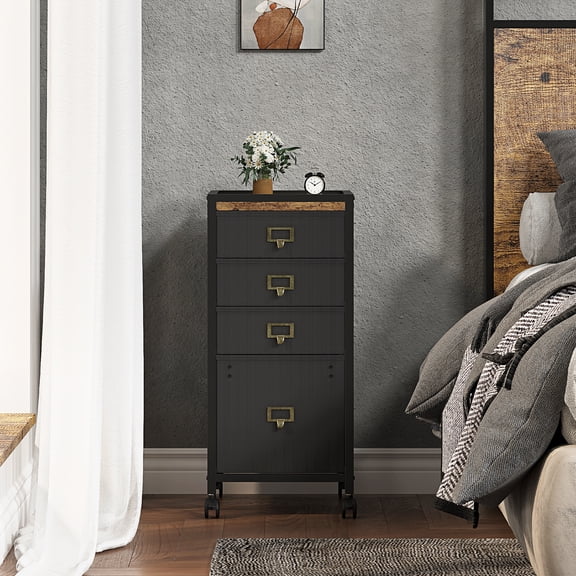 Accreate Rolling File Cabinet with Metal Frame & Fabric Drawers, Lockable Wheels, Mobile Storage for Home Office, Desk Side Table, Black