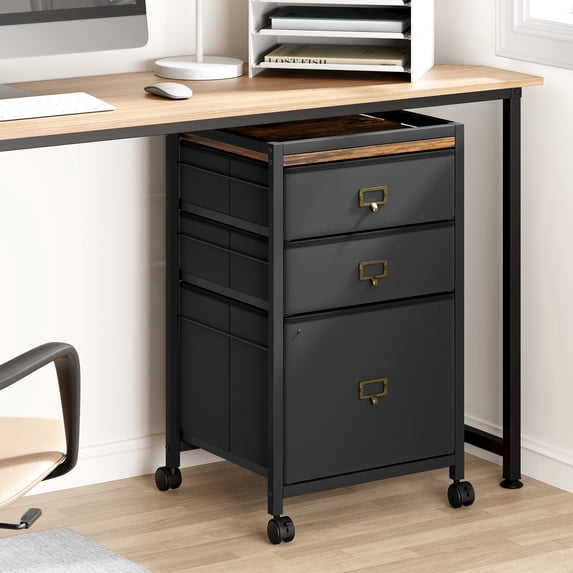 Accreate Rolling File Cabinet with Metal Frame & Fabric Drawers, Lockable Wheels, Mobile Storage for Home Office, Desk Side Table, Black