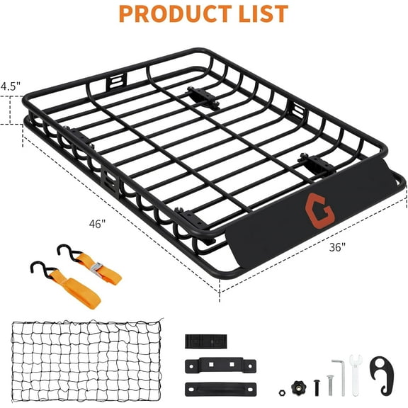 Accreate Roof Rack Cargo Basket,46"x36"x4.5" Heavy Duty Steel Carrier with Cargo Net, 200LB Capacity for Trucks & SUVs