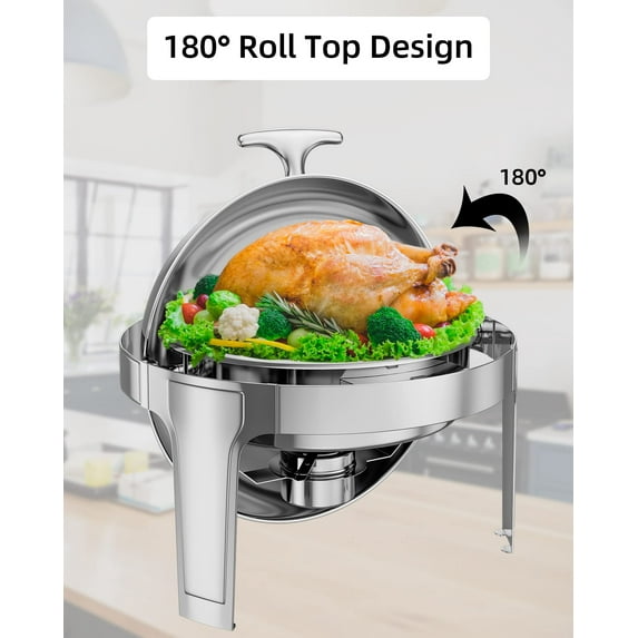 Accreate Round Food-Grade Stainless Steel Chafer Catering Food Warmer - Roll Top Chafing Dish Buffet Set 6 QT for Weddings and Parties