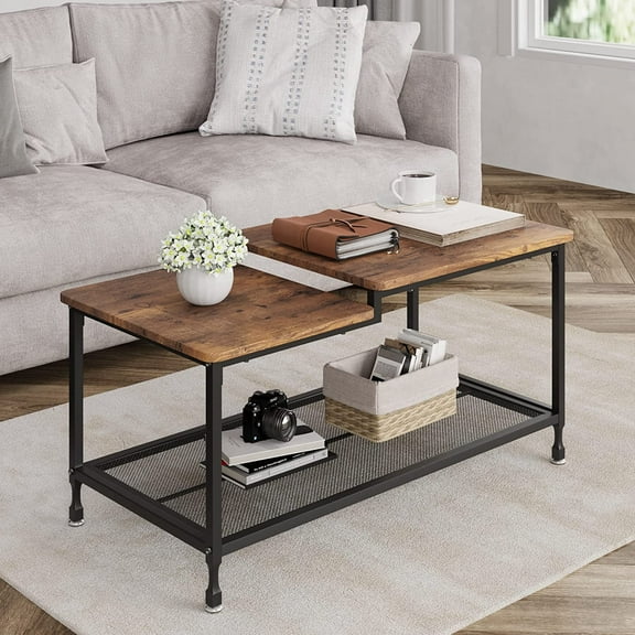 Accreate Rustic Brown Center Table - Industrial 2-Tier Coffee Table with Mesh Shelf & Metal Frame