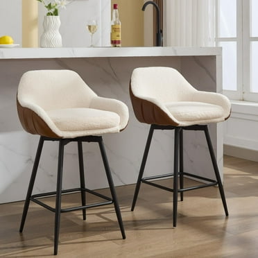 Accreate Set of 2 360° Swivel Bar Stools with Armrests, 26" Counter Height, Sherpa Fabric and Metal Legs, Perfect for Home Kitchen Islands and Trendy Cafes