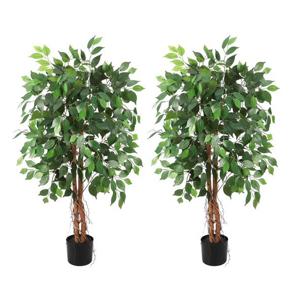 Accreate Set of 2 Artificial Ficus Trees with 420 Flat Leaves and Dual Trunks, Realistic Faux Greenery in Black Pots for Home, Office, or Living Room Decor