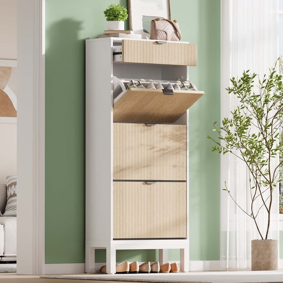 Accreate Shoe Storage Cabinet with 3 Flip Drawers & 1 Storage Drawer, 24'' W Narrow Shoe Cabinet with Adjustable Shelf for Entryway,Freestanding Modern Wood Shoes Organizer for Hallway