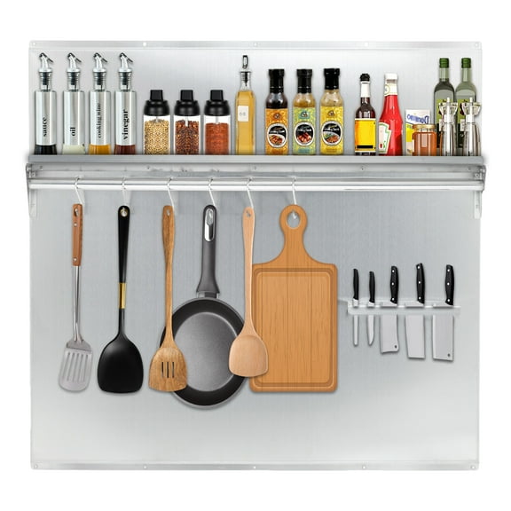 Accreate Stainless Steel Range Backsplash for Stove Hood - Wall Mount Kitchen Back Panel, Commercial Backsplash Shield with Storage Shelf & Knife Rack, Pre-Drilled Holes for Easy Installation