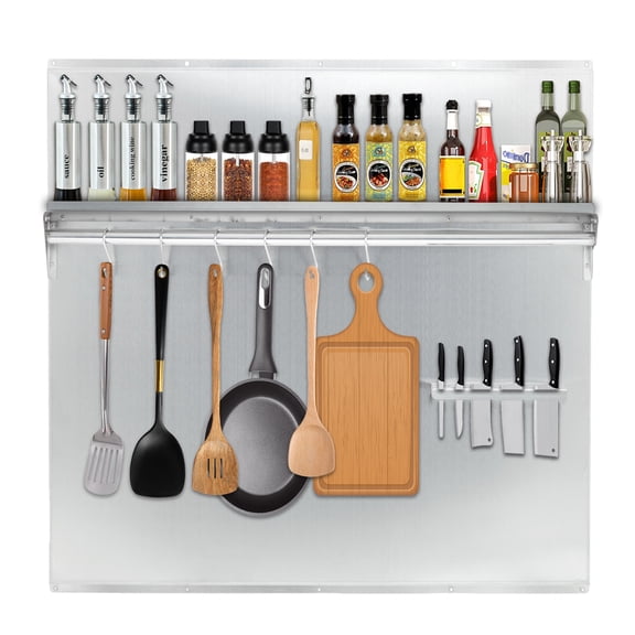 Accreate Stainless Steel Range Backsplash for Stove Hood - Wall Mount Kitchen Back Panel, Commercial Backsplash Shield with Storage Shelf & Knife Rack, Pre-Drilled Holes for Easy Installation