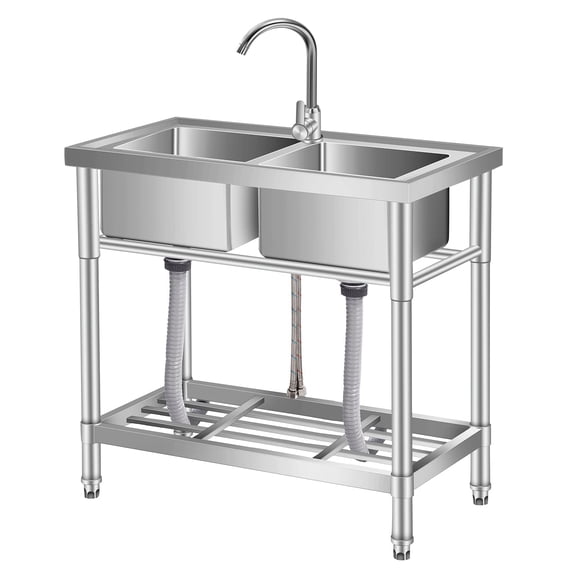 Accreate Stainless Steel Utility Sink with Workbench, Rack, Faucet & Hot & Cold Water Plumbing for Laundry Room, Kitchen, Garage, Workshop, Outdoor Use, Deep Basin