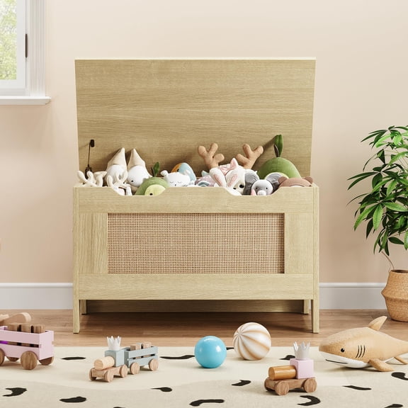 Accreate Storage Chest, 30" Rattan Toy Chest, Wood Toy Box for Boys Girls, Storage Bench with Safety Hinge, Supports 350 Lbs, Storage Trunk for Living Room, Bedroom, Playroom