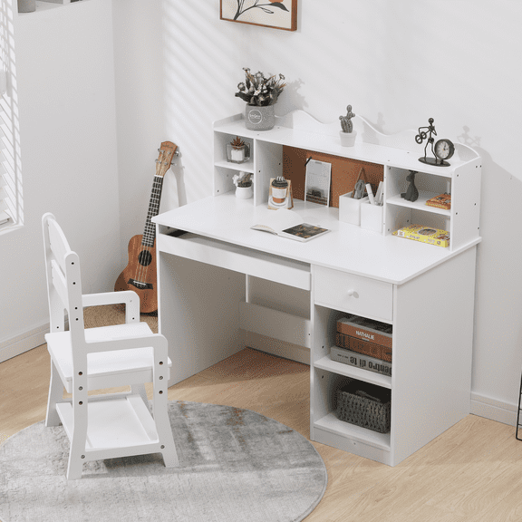 Accreate Study Desk And Chair Set, Learning Desk For Kids Features Bulletin Board, Keyboard Drawer, Open Shelves, And Storage Space, Perfect For Children Ages 3-8 To Study And Explore Creativity