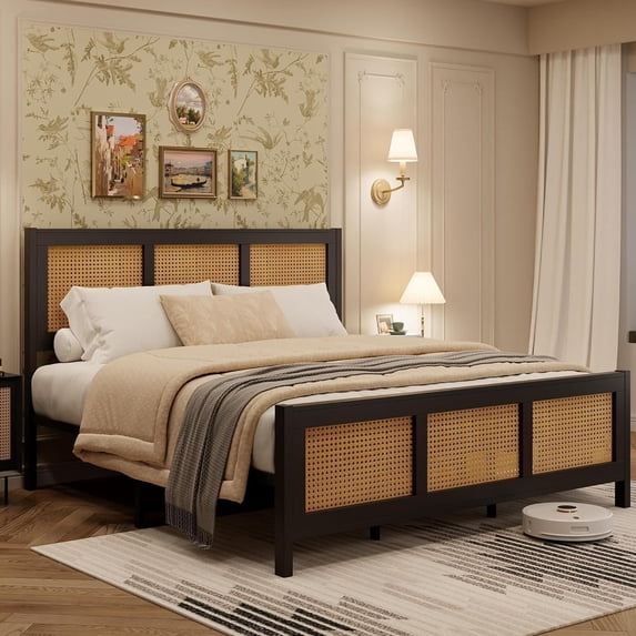 Accreate Stylish Bohemian Bed Frame with Rattan Headboard and Metal Slat Support - No Box Spring Required