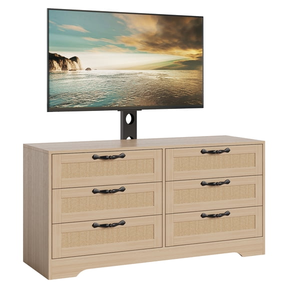 Accreate TV Stand with Mount – 47.2" Modern Entertainment Center, 6-Drawer Rattan Dresser for 32-85 Inch TVs, Media Console Table with Storage for Living Room & Bedroom