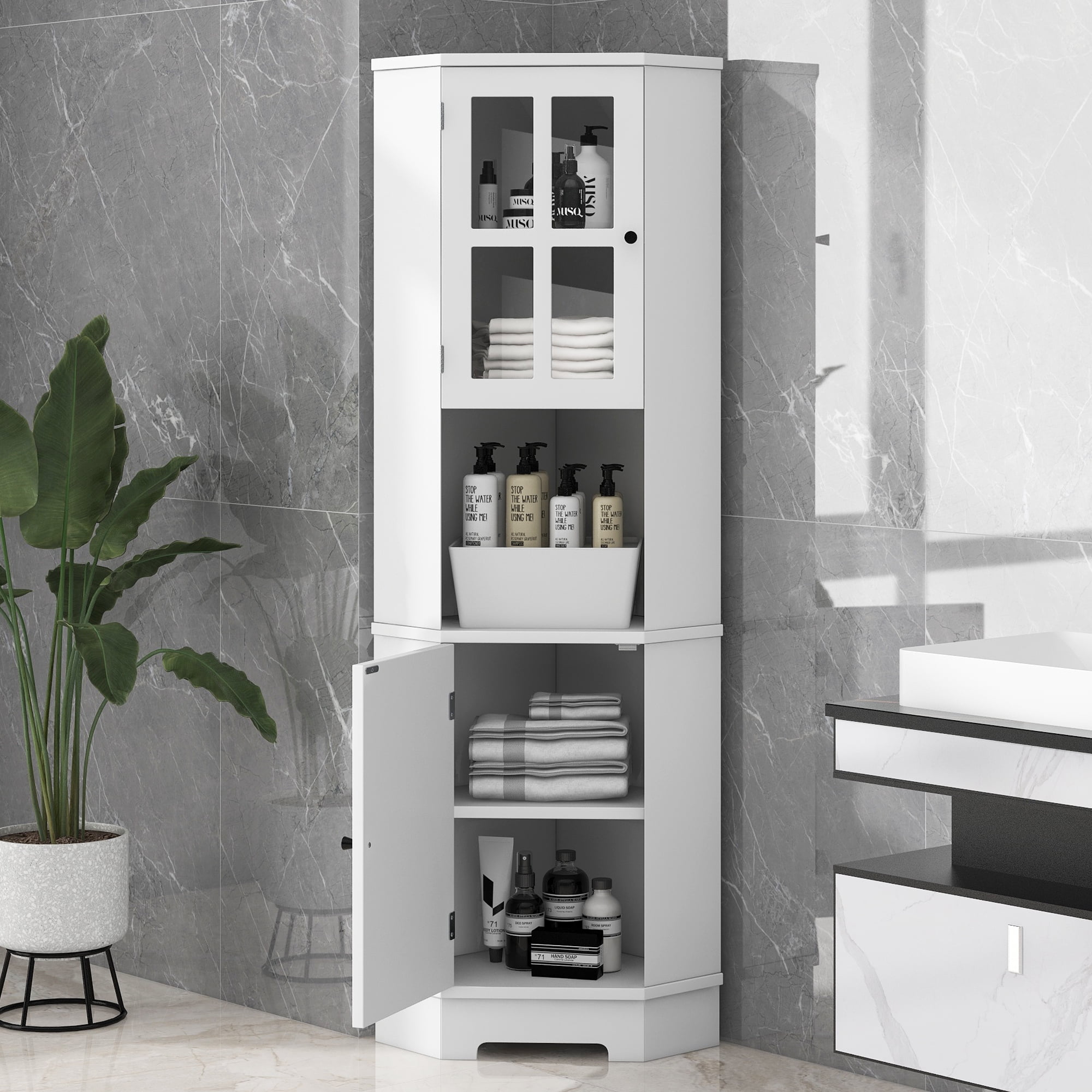 Accreate Tall Bathroom Storage Cabinet with Glass Door, Adjustable ...