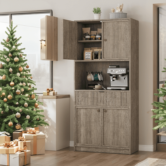 Accreate Tall Kitchen Pantry Cabinet, 70" Freestanding Storage Hutch with Countertop Shelf & Drawer, Fluted Panel Cupboard for Kitchen, Dining Room, Entryway