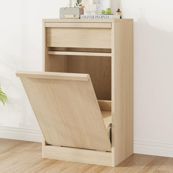 Accreate Tilt Out Trash Cabinet, Hidden Trash Cabinet with 10 Gallon Storage, Pet-Proof Freestanding Garbage Can Cabinet Laundry Hamper for Kitchen Dining Room