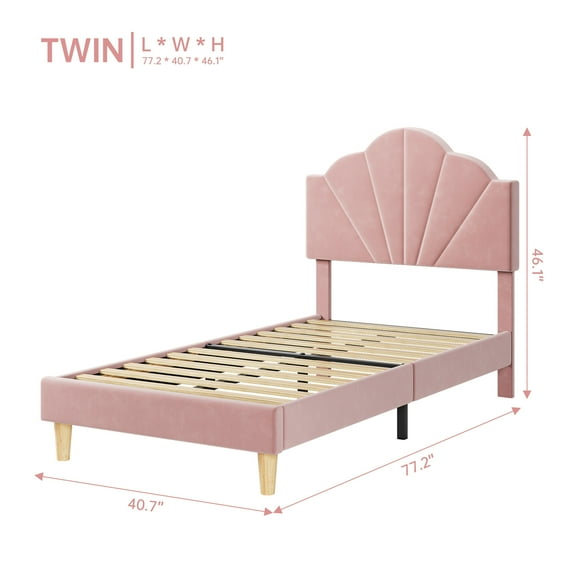 Accreate Twin Platform Bed Frame, Velvet Upholstered Platform Bed Frame with Height Adjustable Headboard, Strong Wood Slat Support, Pink