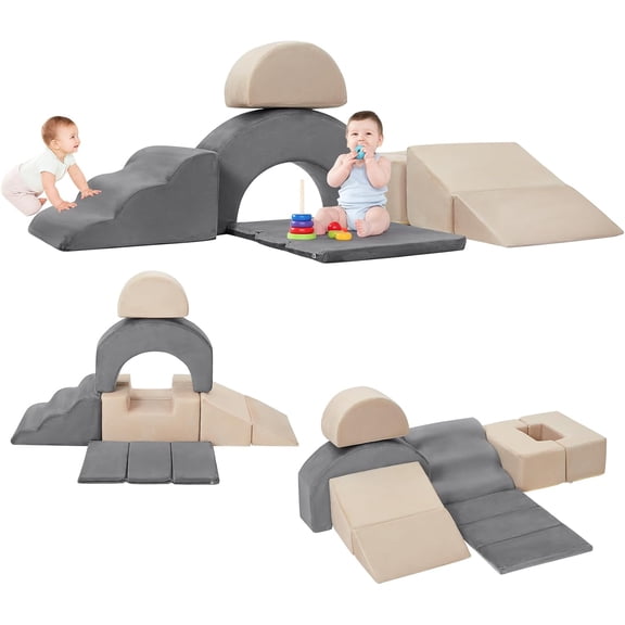 Accreate Velvet Foam Climbing Blocks for Kids - 7-Piece Activity Playset with Slide, Stairs, and Ramp