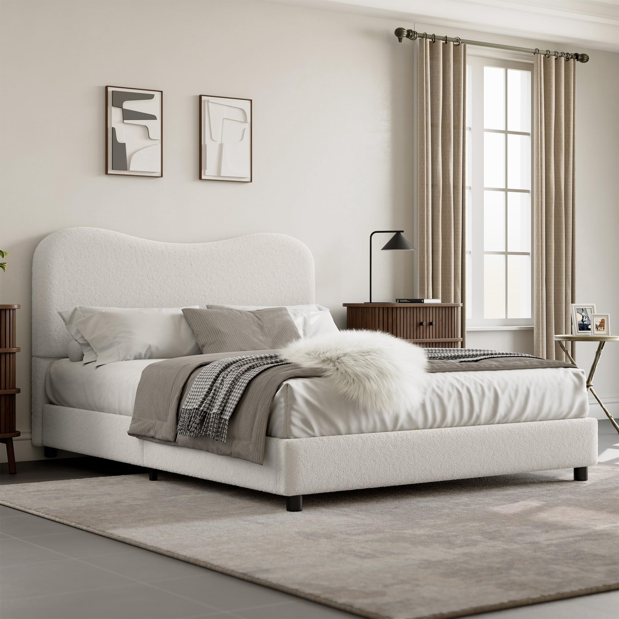 Soft Rounded Frame Accreate Velvet Upholstered Platform Bed Frame with Boucle Headboard ...